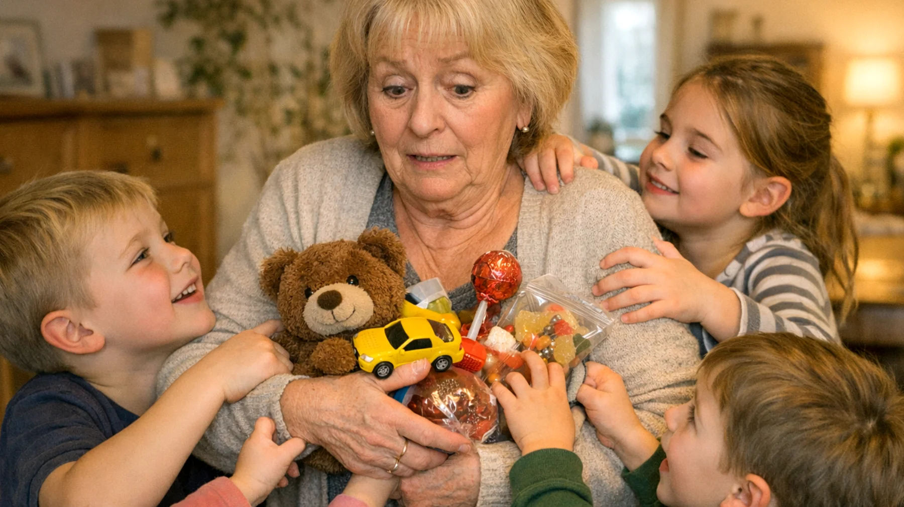 Die Oma findet es sehr schwer, ihren Enkelkindern gegenüber 'Nein' zu sagen. Sie erfüllt fast jeden Wunsch der Kinder, auch wenn diese unangemessen oder übertrieben sind, aus Angst, ihre Zuneigung zu verlieren oder als 'böse Oma' wahrgenommen zu werden. Dieses Verhalten führt dazu, dass die Kinder zunehmend ungeduldig und fordernd werden, wenn sie ein 'Nein' hören."