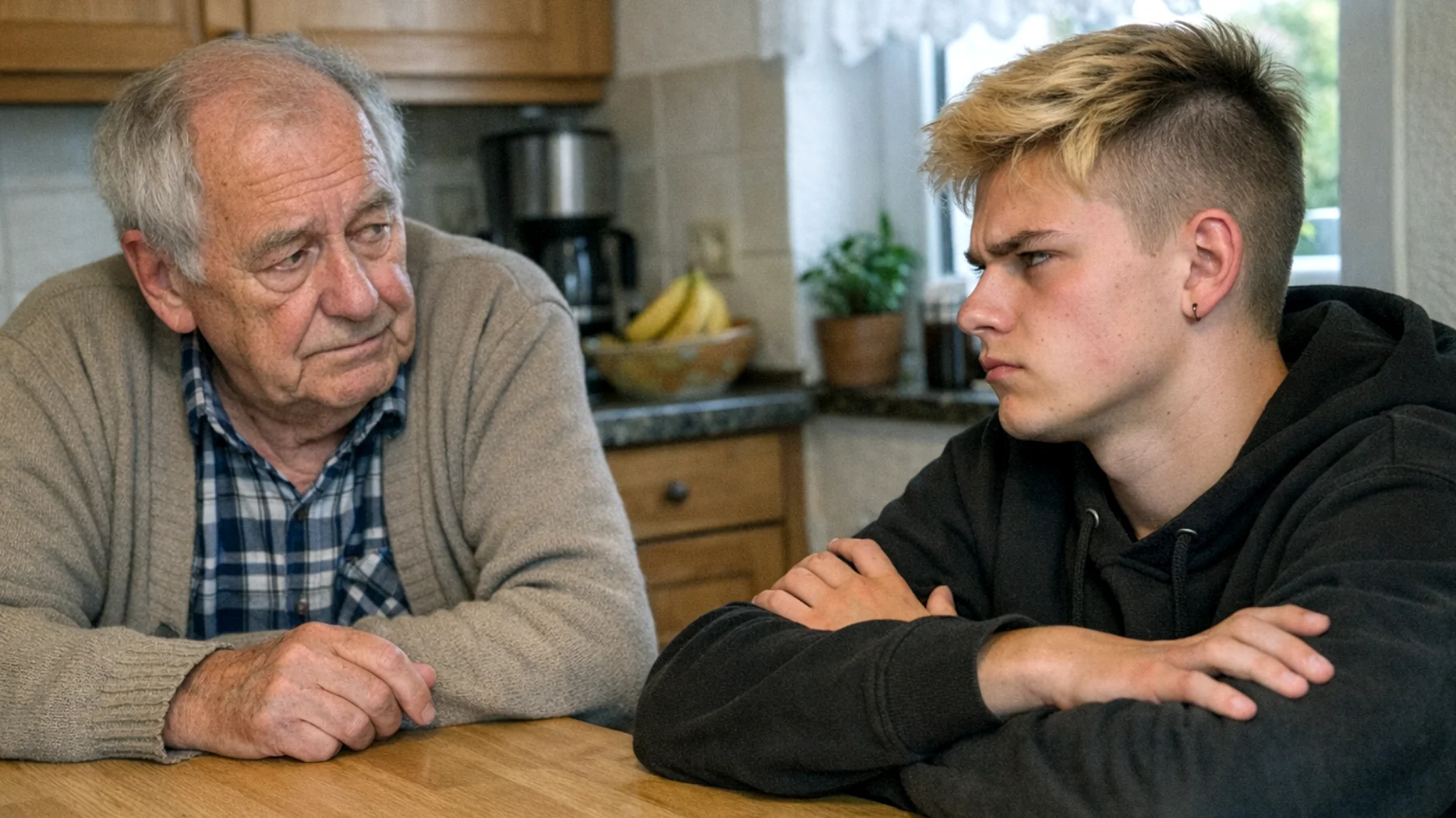 Der Opa erlebt zunehmend Schwierigkeiten im Umgang mit seinem rebellischen und impulsiven Enkelkind im Jugendalter. Der Teenager widersetzt sich regelmäßig den Anweisungen des Großvaters, reagiert mit Wutausbrüchen auf jede Form von Autorität und zeigt ein ausgeprägtes oppositionelles Verhalten, das die Beziehung stark belastet."