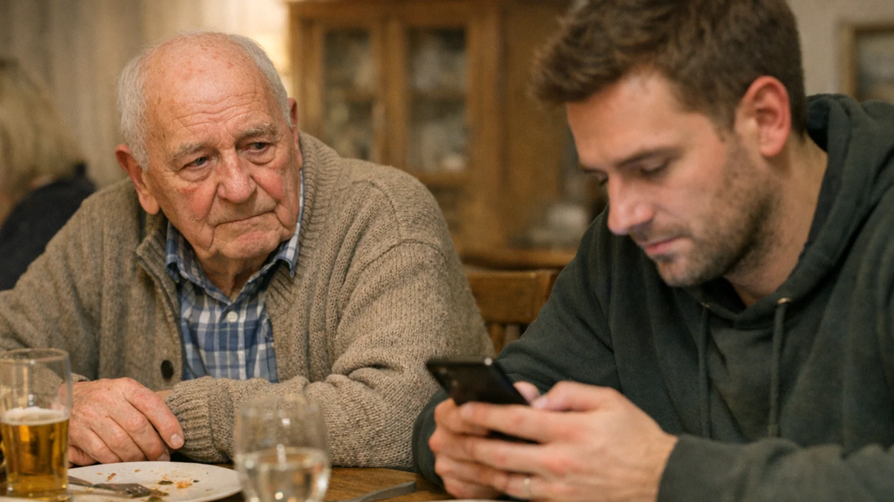 Der Opa bemerkt, dass sein erwachsener Enkel bei jedem Familientreffen ständig auf sein Smartphone schaut, kaum am Gespräch teilnimmt und sich hinter dem Bildschirm versteckt. Der Opa fühlt sich ignoriert und ausgegrenzt, versteht die digitale Welt seines Enkels nicht und weiß nicht, wie er eine echte Verbindung zu ihm aufbauen kann, ohne einen Konflikt auszulösen."