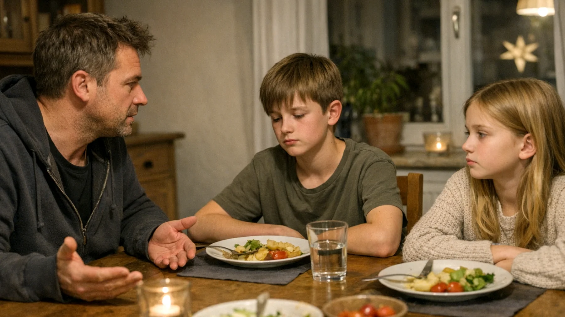 Der Vater hat das Gefühl, dass er mit seinen Kindern nicht wirklich sprechen kann. Jedes Mal, wenn er versucht, ein Gespräch zu beginnen, antworten die Kinder einsilbig oder schweigen völlig. Er weiß nicht, wie er eine echte Verbindung herstellen soll, ohne dass es zu Spannungen oder Missverständnissen kommt. Die Kommunikation fühlt sich erzwungen und oberflächlich an, und er fragt sich, ob er etwas falsch macht oder ob seine Kinder einfach nicht mit ihm reden wollen."